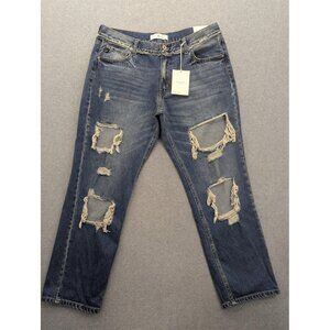KanCan Jeans Womens 13 Blue Distressed Boyfriend 100% Cotton Ripped Denim Pants